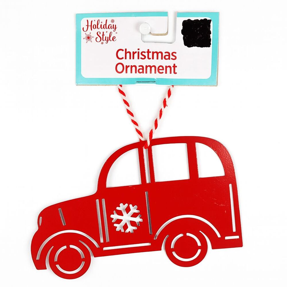 Red Flat Metal Car Christmas Tree Ornament Snowflake Cutout Vintage Inspired NEW